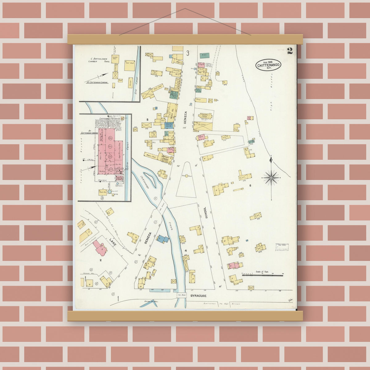 Old map wall art mockup — magnetic wood frame on brick wall — Sanborn Fire Insurance Map from Chittenango, Madison County, New York (1906), Sheet #0002