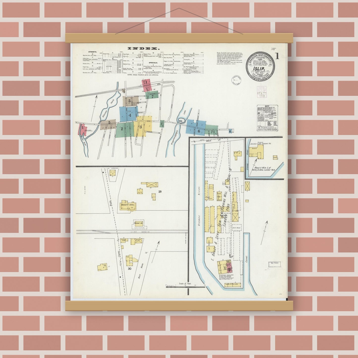 Old map wall art mockup — magnetic wood frame on brick wall — Sanborn Fire Insurance Map from Islip, Suffolk County, New York (1902), Sheet #0001