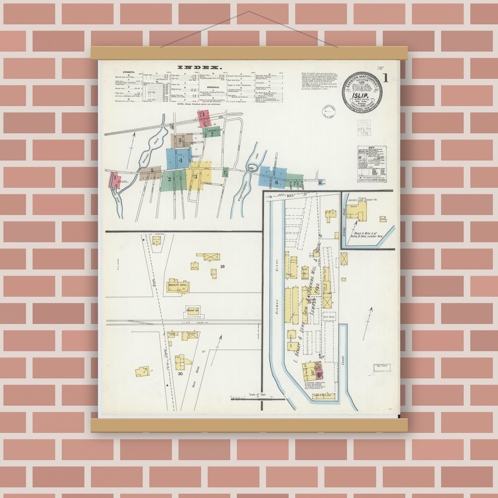Old map wall art mockup — magnetic wood frame on brick wall — Sanborn Fire Insurance Map from Islip, Suffolk County, New York (1902), Sheet #0001