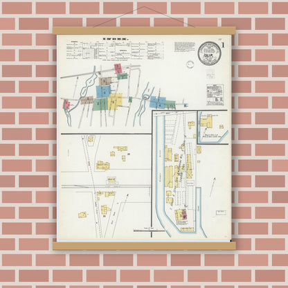 Old map wall art mockup — magnetic wood frame on brick wall — Sanborn Fire Insurance Map from Islip, Suffolk County, New York (1902), Sheet #0001