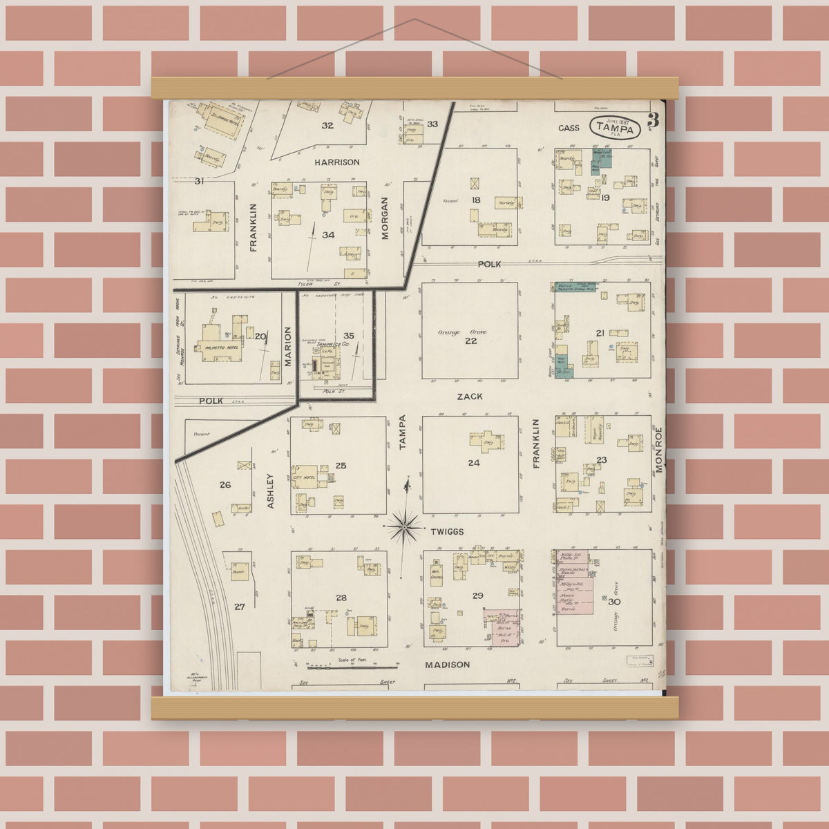 Old map wall art mockup — magnetic wood frame on brick wall — Sanborn Fire Insurance Map from Tampa, Hillsborough County, Florida (1887), Sheet #0003