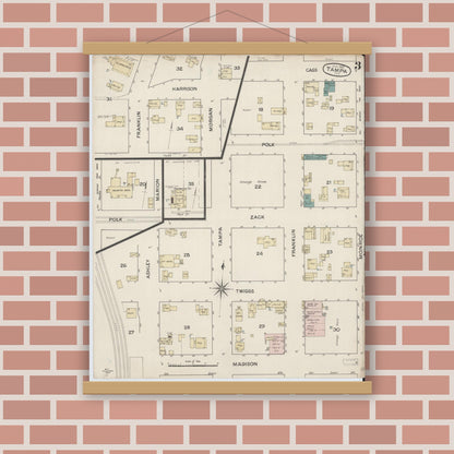 Old map wall art mockup — magnetic wood frame on brick wall — Sanborn Fire Insurance Map from Tampa, Hillsborough County, Florida (1887), Sheet #0003