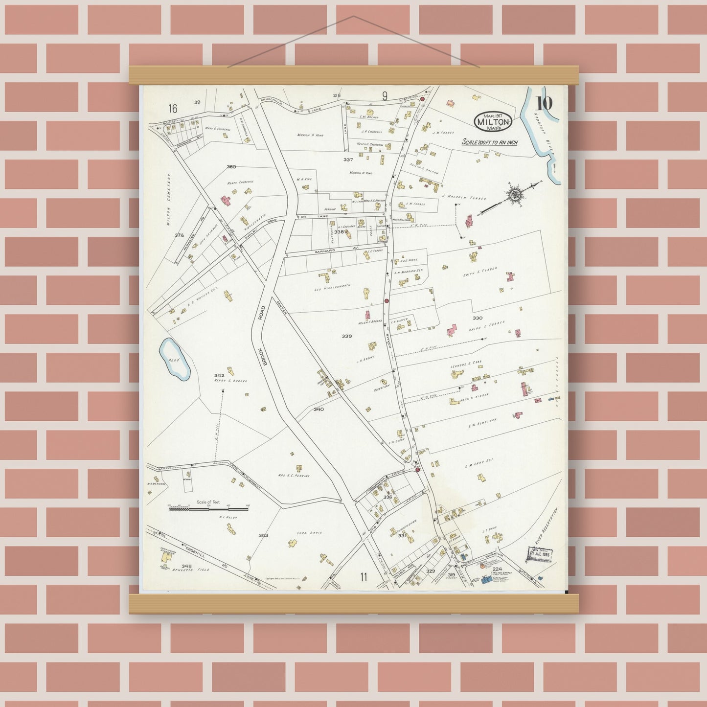 Old map wall art mockup — magnetic wood frame on brick wall — Sanborn Fire Insurance Map from Milton, Norfolk County, Massachusetts (1917), Sheet #0010
