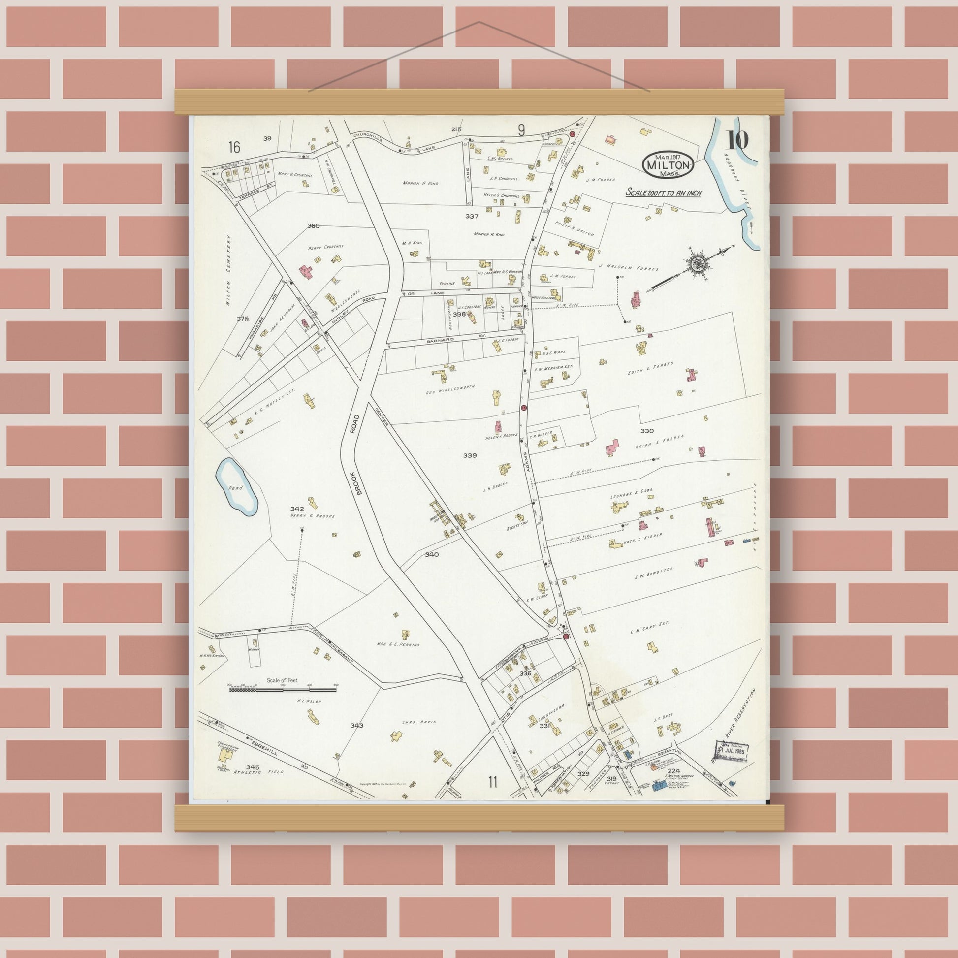 Old map wall art mockup — magnetic wood frame on brick wall — Sanborn Fire Insurance Map from Milton, Norfolk County, Massachusetts (1917), Sheet #0010