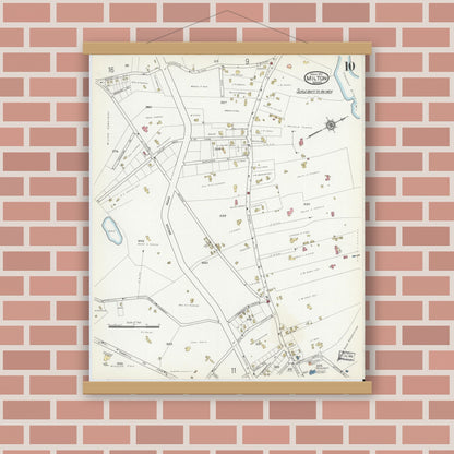 Old map wall art mockup — magnetic wood frame on brick wall — Sanborn Fire Insurance Map from Milton, Norfolk County, Massachusetts (1917), Sheet #0010