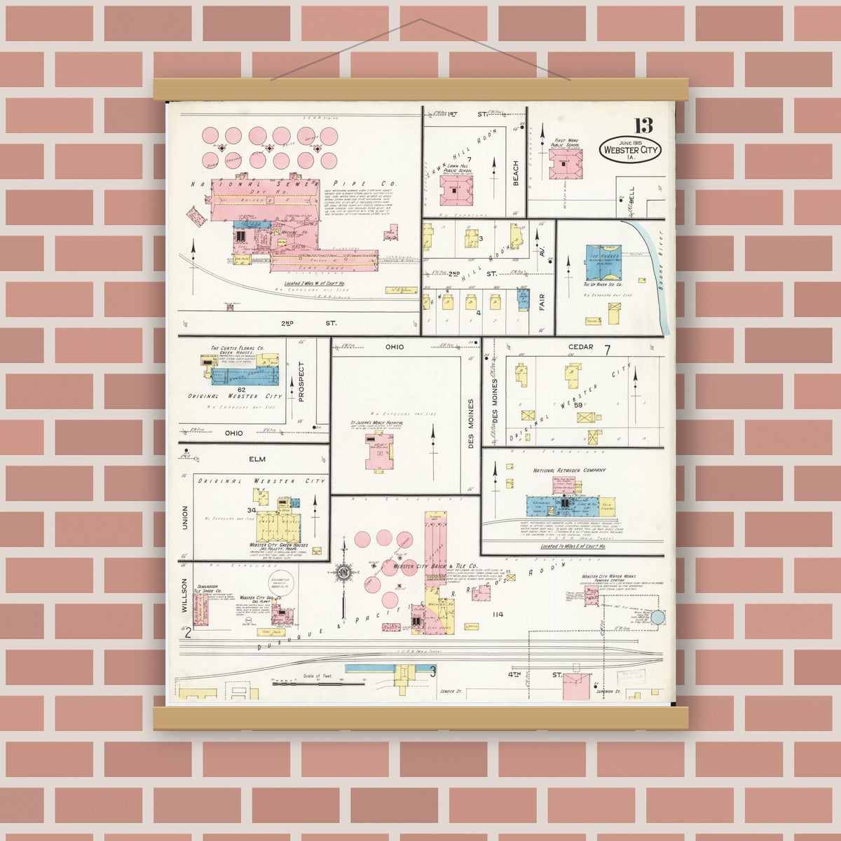 Old map wall art mockup — magnetic wood frame on brick wall — Sanborn Fire Insurance Map from Webster City, Hamilton County, Iowa (1915), Sheet #0013