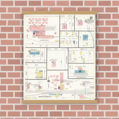 Old map wall art mockup — magnetic wood frame on brick wall — Sanborn Fire Insurance Map from Webster City, Hamilton County, Iowa (1915), Sheet #0013