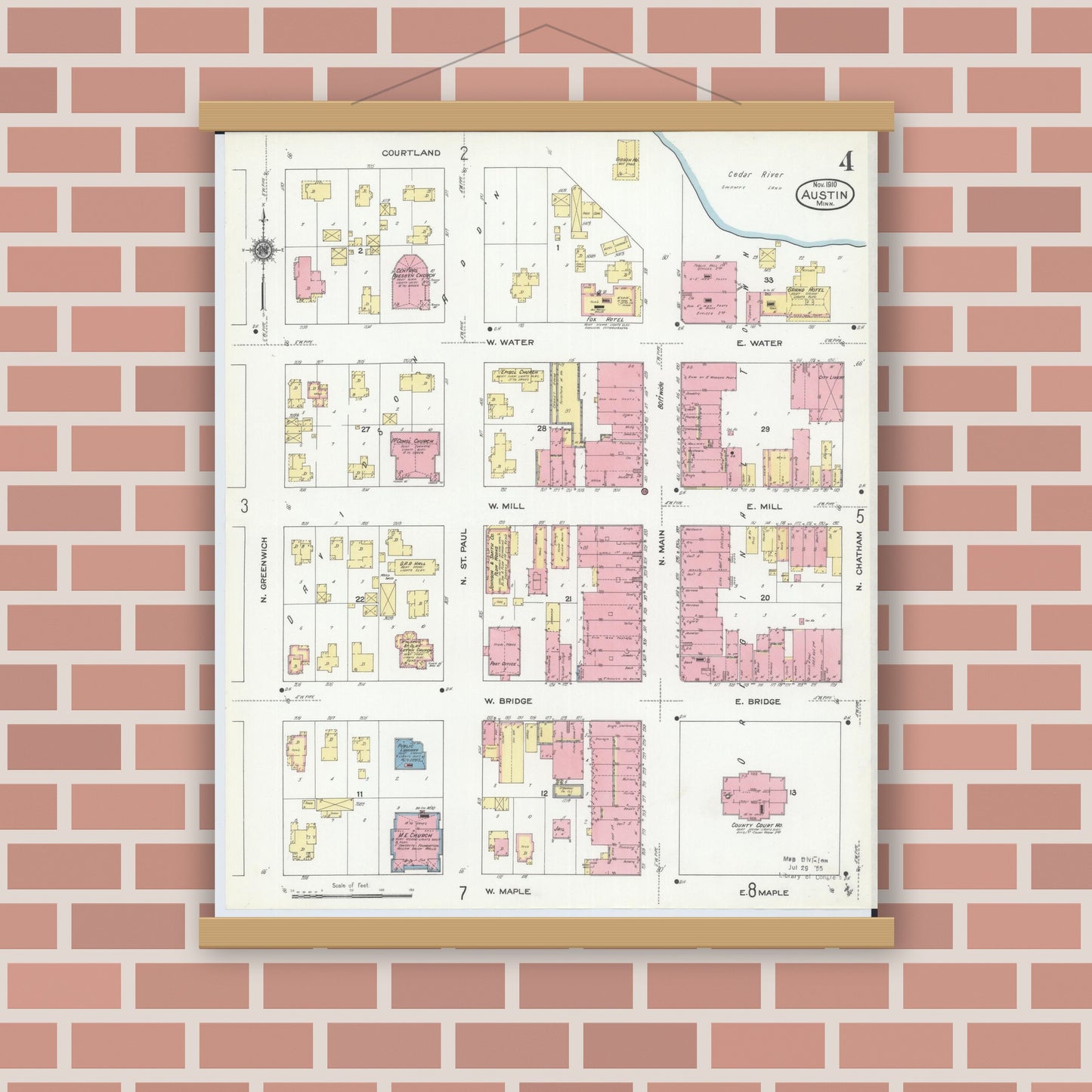 Old map wall art mockup — magnetic wood frame on brick wall — Sanborn Fire Insurance Map from Austin, Mower County, Minnesota (1910), Sheet #0004