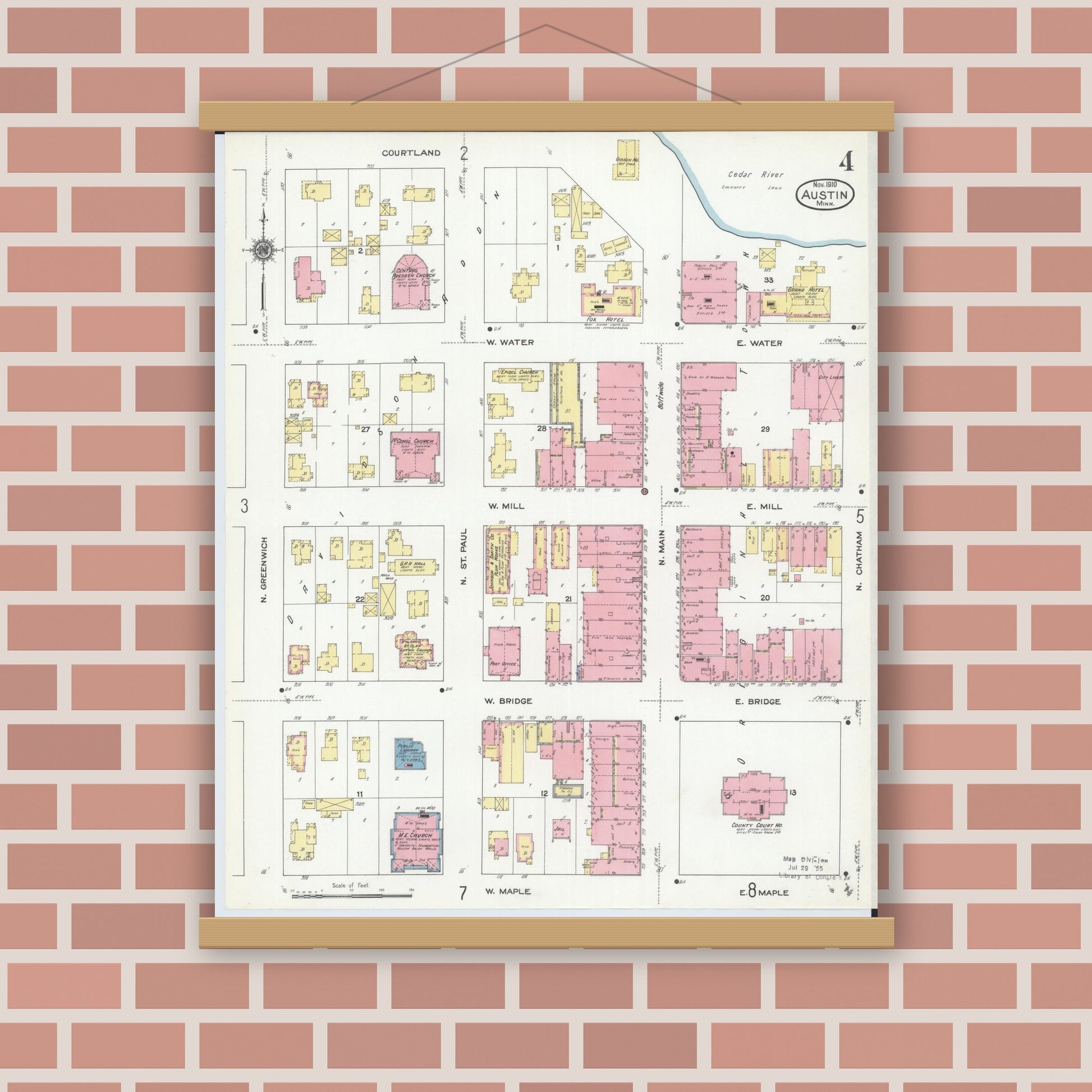 Old map wall art mockup — magnetic wood frame on brick wall — Sanborn Fire Insurance Map from Austin, Mower County, Minnesota (1910), Sheet #0004