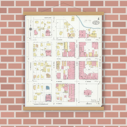 Old map wall art mockup — magnetic wood frame on brick wall — Sanborn Fire Insurance Map from Austin, Mower County, Minnesota (1910), Sheet #0004