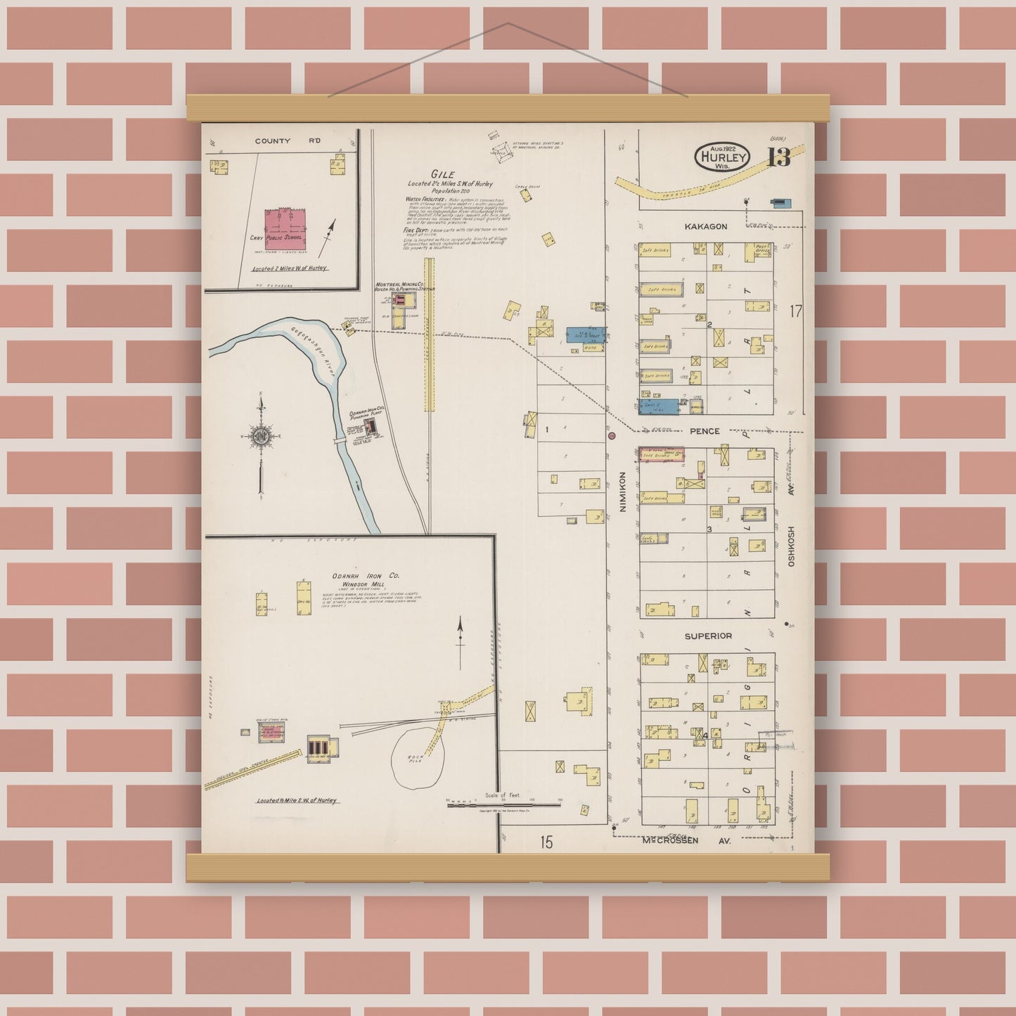 Old map wall art mockup — magnetic wood frame on brick wall — Sanborn Fire Insurance Map from Hurley, Iron County, Wisconsin (1922), Sheet #0013