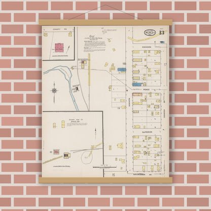 Old map wall art mockup — magnetic wood frame on brick wall — Sanborn Fire Insurance Map from Hurley, Iron County, Wisconsin (1922), Sheet #0013