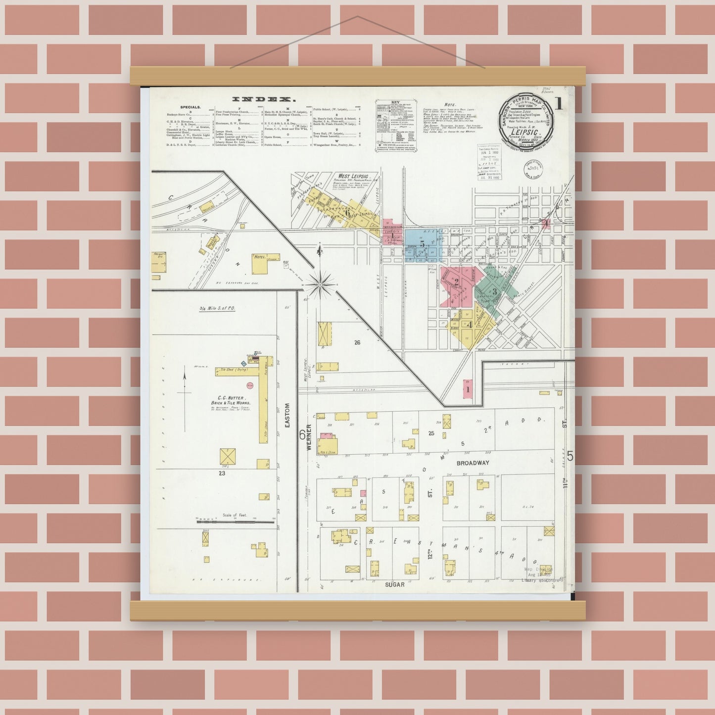 Old map wall art mockup — magnetic wood frame on brick wall — Sanborn Fire Insurance Map from Leipsic, Putnam County, Ohio (1900), Sheet #0001