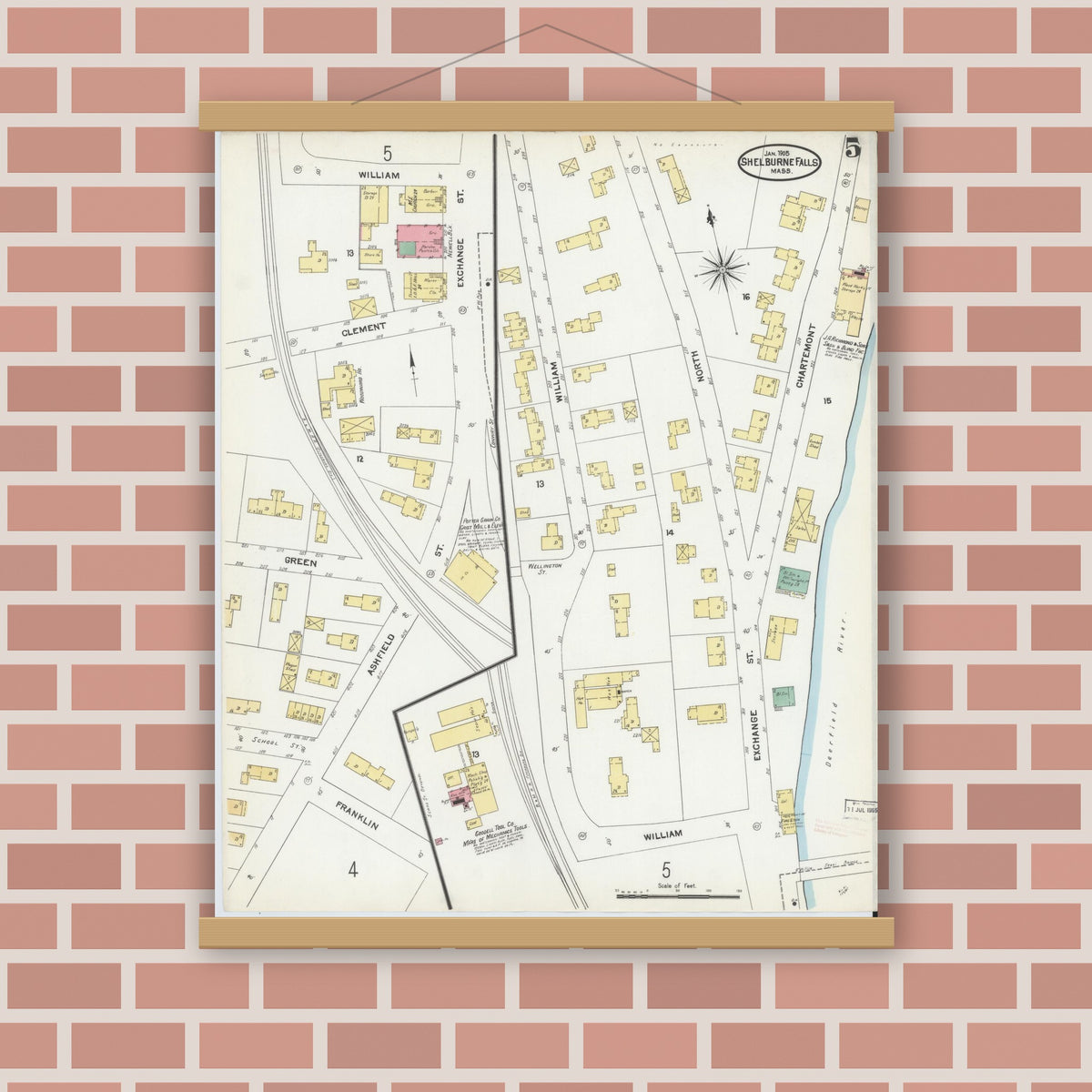 Old map wall art mockup — magnetic wood frame on brick wall — Sanborn Fire Insurance Map from Shelburne Falls, Franklin County, Massachusetts (1905), Sheet #0005