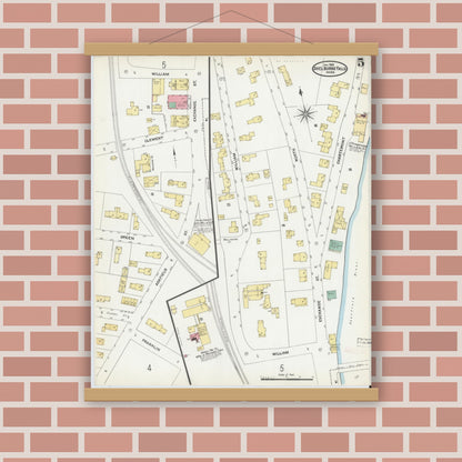 Old map wall art mockup — magnetic wood frame on brick wall — Sanborn Fire Insurance Map from Shelburne Falls, Franklin County, Massachusetts (1905), Sheet #0005