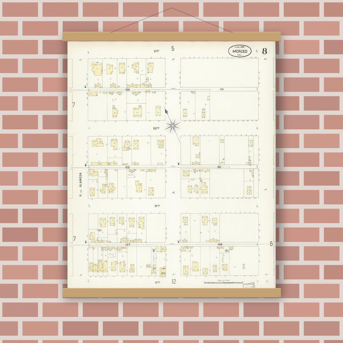 Old map wall art mockup — magnetic wood frame on brick wall — Sanborn Fire Insurance Map from Merced, Merced County, California (1898), Sheet #0008