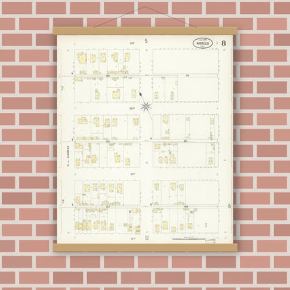 Old map wall art mockup — magnetic wood frame on brick wall — Sanborn Fire Insurance Map from Merced, Merced County, California (1898), Sheet #0008