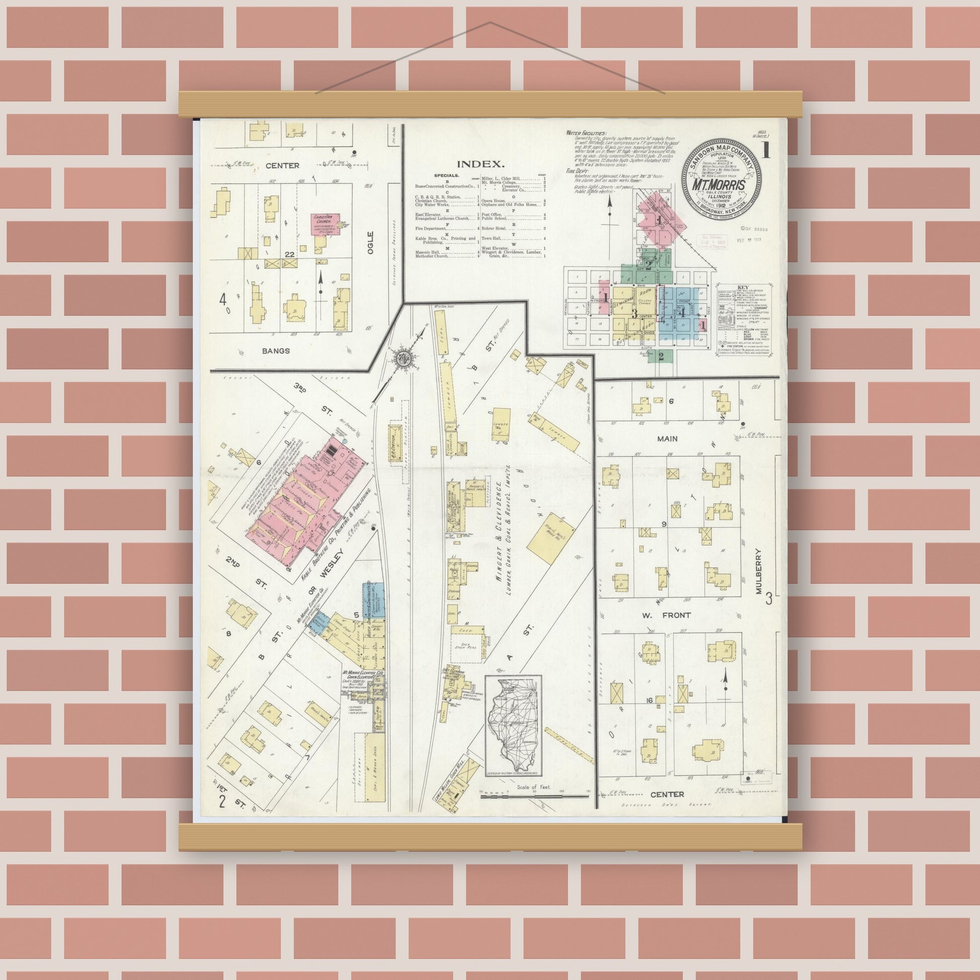 Old map wall art mockup — magnetic wood frame on brick wall — Sanborn Fire Insurance Map from Mount Morris, Ogle County, Illinois (1912), Sheet #0001