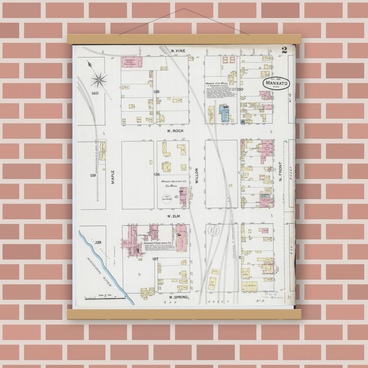 Old map wall art mockup — magnetic wood frame on brick wall — Sanborn Fire Insurance Map from Mankato, Blue Earth County, Minnesota (1889), Sheet #0002