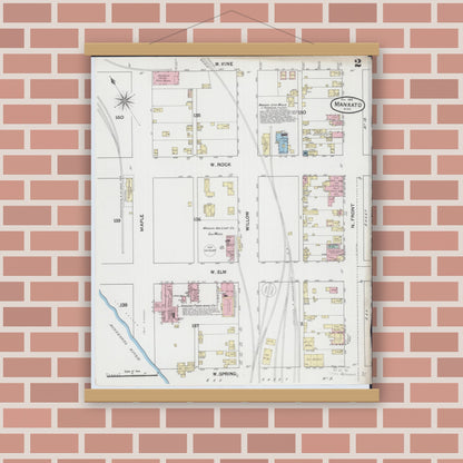 Old map wall art mockup — magnetic wood frame on brick wall — Sanborn Fire Insurance Map from Mankato, Blue Earth County, Minnesota (1889), Sheet #0002