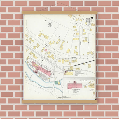 Old map wall art mockup — magnetic wood frame on brick wall — Sanborn Fire Insurance Map from Warren, Worcester County, Massachusetts (1902), Sheet #0002
