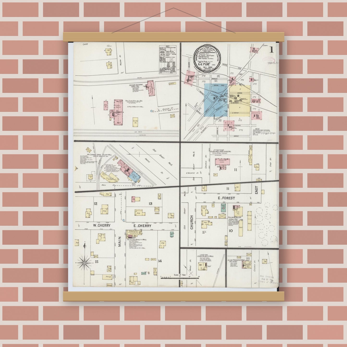 Old map wall art mockup — magnetic wood frame on brick wall — Sanborn Fire Insurance Map from Clyde, Sandusky County, Ohio (1888), Sheet #0001