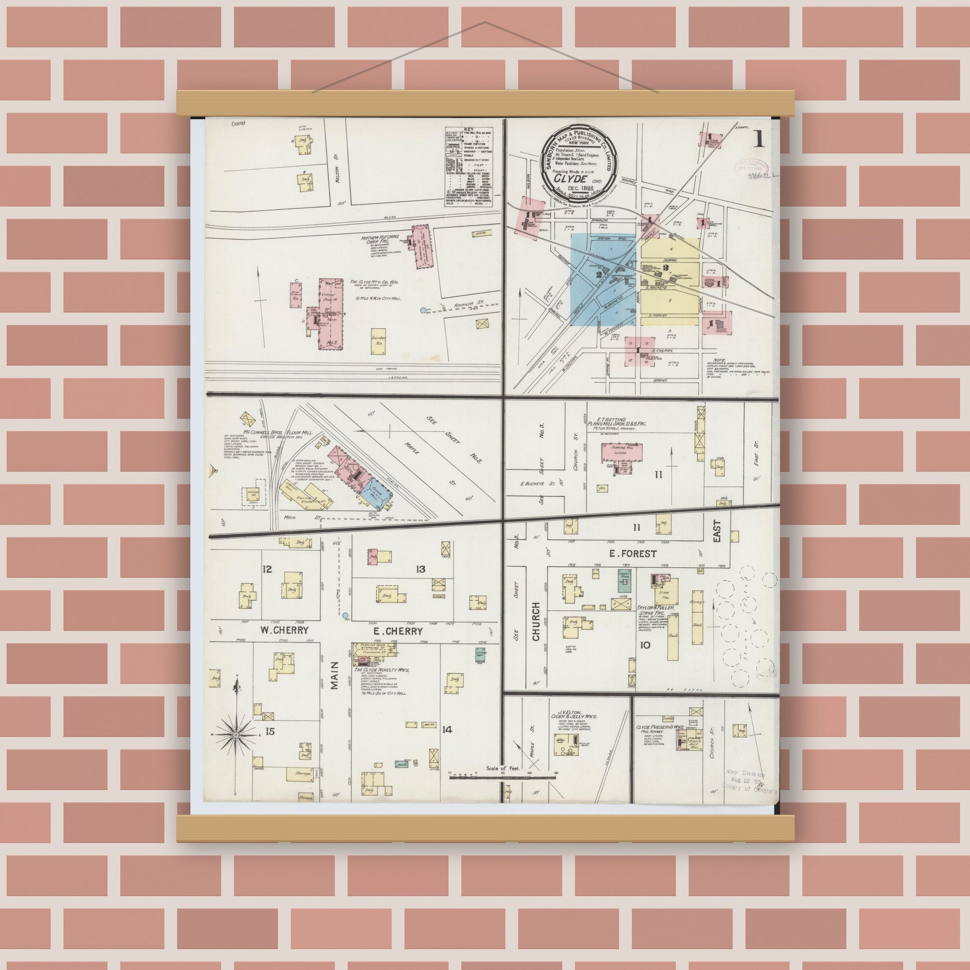 Old map wall art mockup — magnetic wood frame on brick wall — Sanborn Fire Insurance Map from Clyde, Sandusky County, Ohio (1888), Sheet #0001
