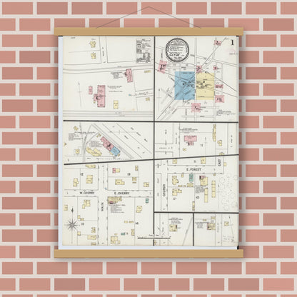 Old map wall art mockup — magnetic wood frame on brick wall — Sanborn Fire Insurance Map from Clyde, Sandusky County, Ohio (1888), Sheet #0001