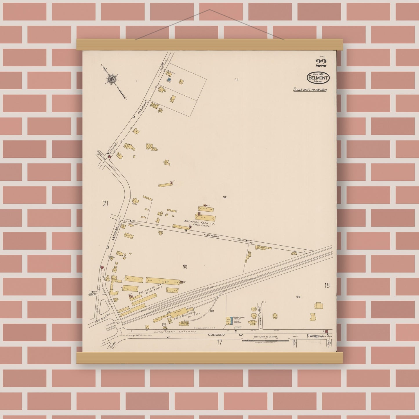 Old map wall art mockup — magnetic wood frame on brick wall — Sanborn Fire Insurance Map from Belmont, Middlesex County, Massachusetts (1922), Sheet #0022