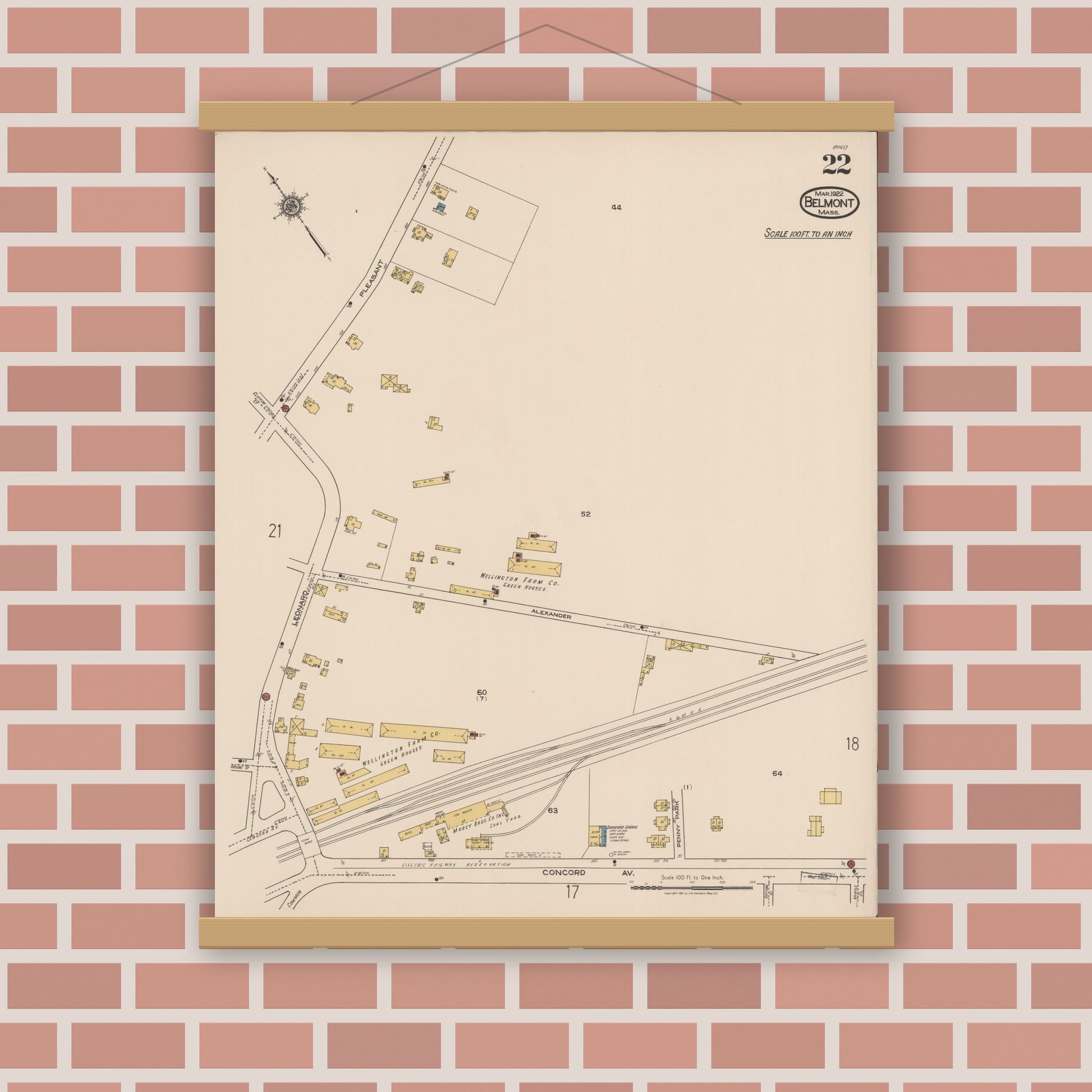 Old map wall art mockup — magnetic wood frame on brick wall — Sanborn Fire Insurance Map from Belmont, Middlesex County, Massachusetts (1922), Sheet #0022