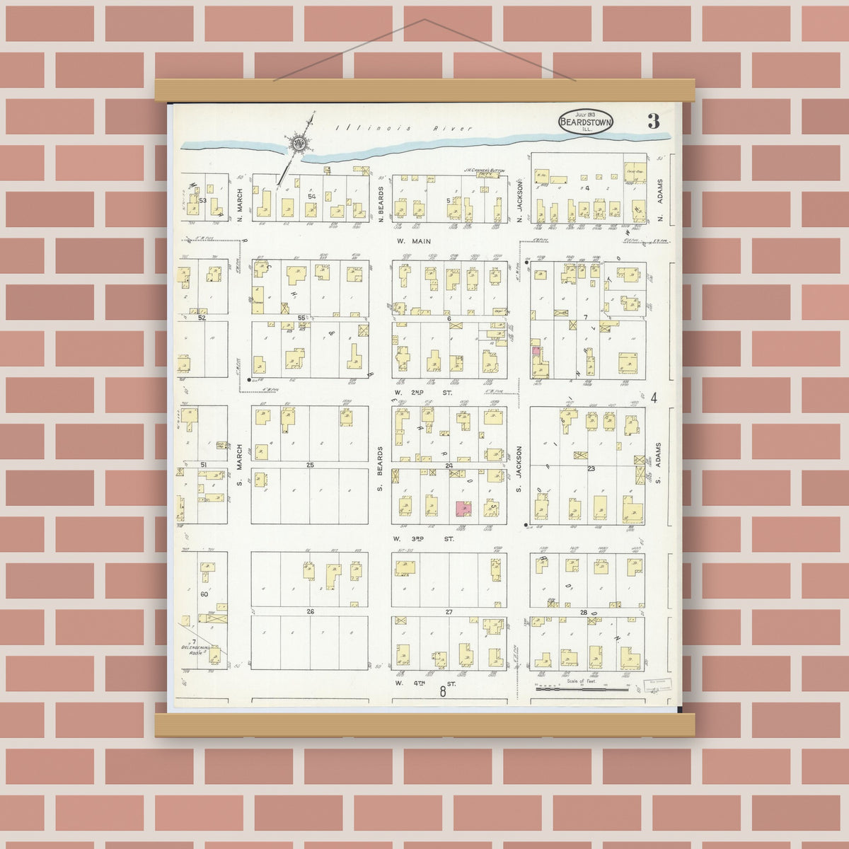 Old map wall art mockup — magnetic wood frame on brick wall — Sanborn Fire Insurance Map from Beardstown, Cass County, Illinois (1913), Sheet #0003