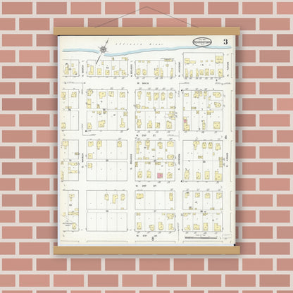 Old map wall art mockup — magnetic wood frame on brick wall — Sanborn Fire Insurance Map from Beardstown, Cass County, Illinois (1913), Sheet #0003