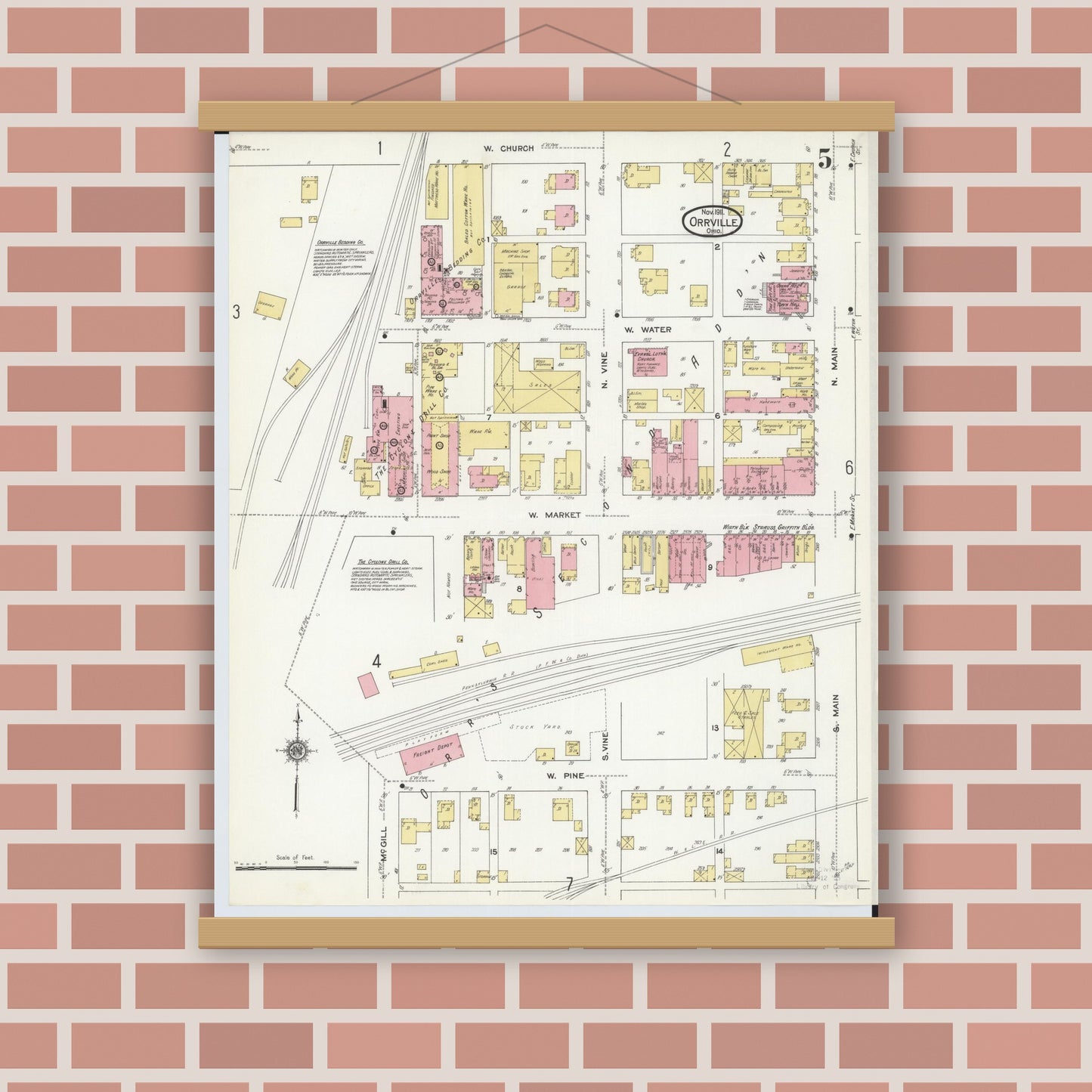 Old map wall art mockup — magnetic wood frame on brick wall — Sanborn Fire Insurance Map from Orrville, Wayne County, Ohio (1911), Sheet #0005
