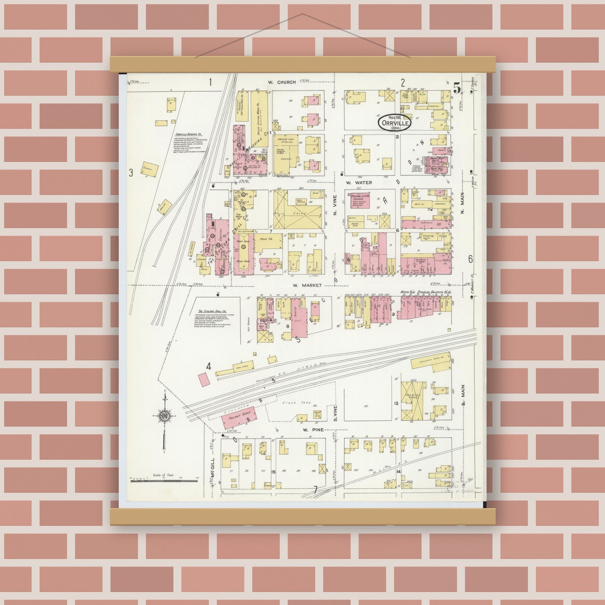 Old map wall art mockup — magnetic wood frame on brick wall — Sanborn Fire Insurance Map from Orrville, Wayne County, Ohio (1911), Sheet #0005