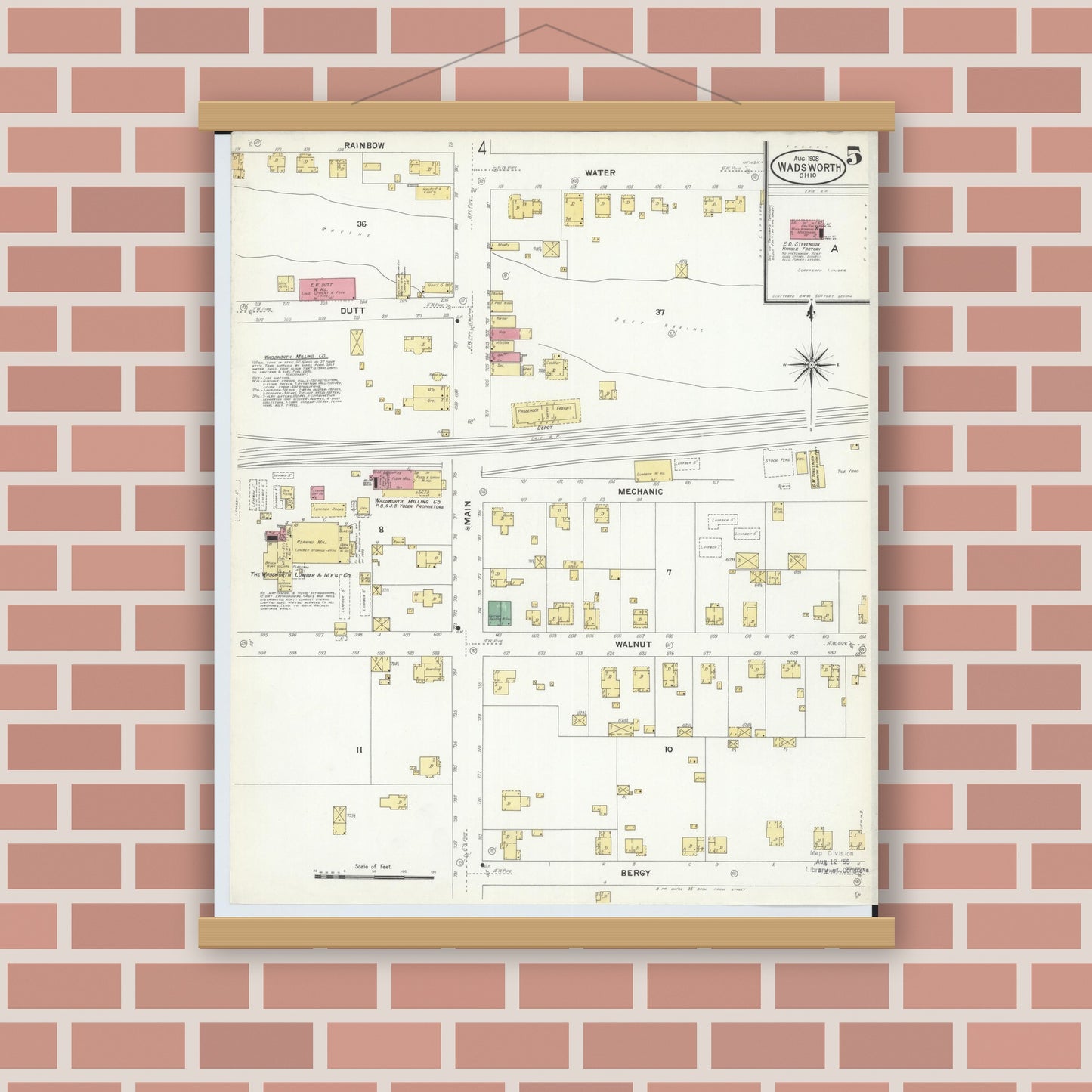 Old map wall art mockup — magnetic wood frame on brick wall — Sanborn Fire Insurance Map from Wadsworth, Medina County, Ohio (1908), Sheet #0005