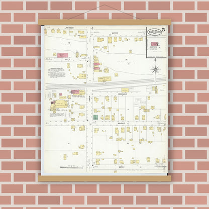 Old map wall art mockup — magnetic wood frame on brick wall — Sanborn Fire Insurance Map from Wadsworth, Medina County, Ohio (1908), Sheet #0005
