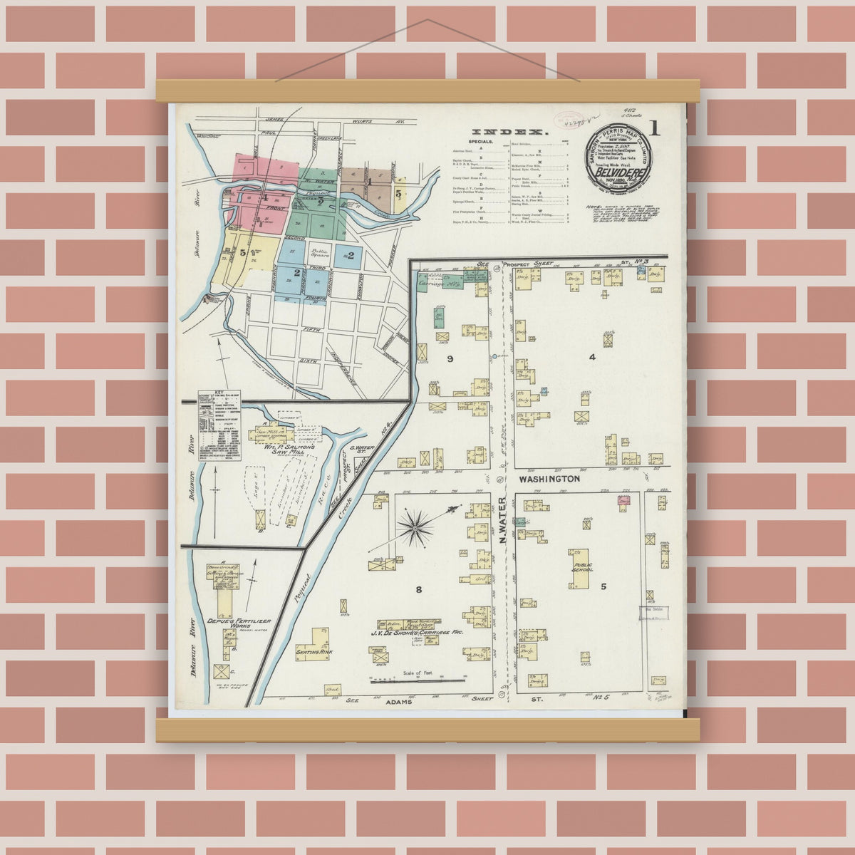 Old map wall art mockup — magnetic wood frame on brick wall — Sanborn Fire Insurance Map from Belvidere, Warren County, New Jersey (1890), Sheet #0001