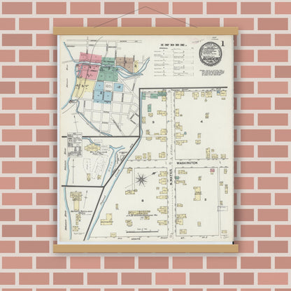 Old map wall art mockup — magnetic wood frame on brick wall — Sanborn Fire Insurance Map from Belvidere, Warren County, New Jersey (1890), Sheet #0001