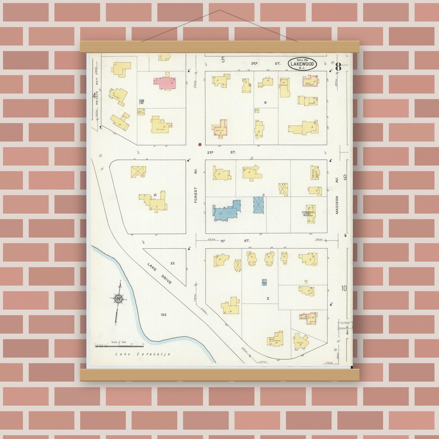 Old map wall art mockup — magnetic wood frame on brick wall — Sanborn Fire Insurance Map from Lakewood, Ocean County, New Jersey (1916), Sheet #0008