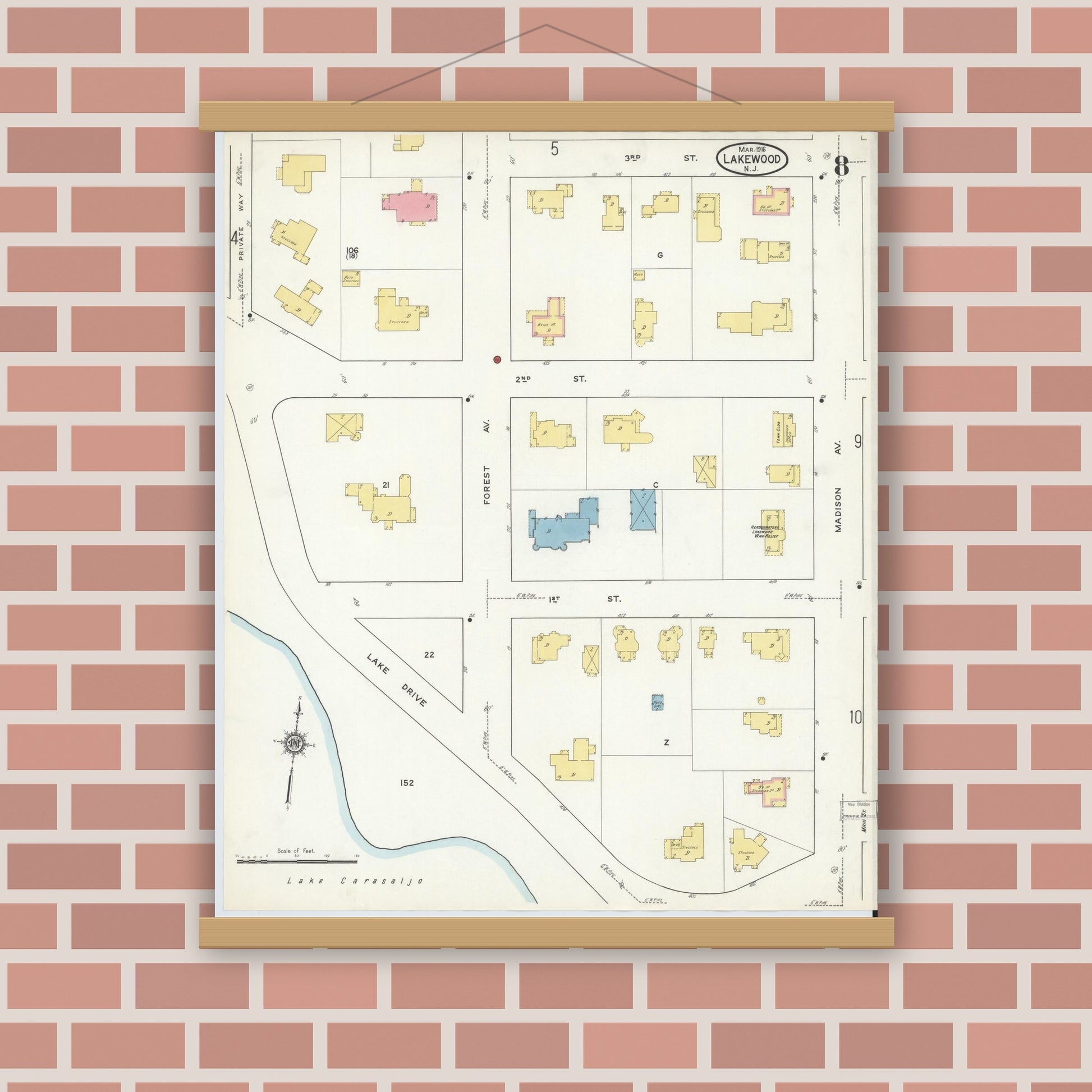 Old map wall art mockup — magnetic wood frame on brick wall — Sanborn Fire Insurance Map from Lakewood, Ocean County, New Jersey (1916), Sheet #0008