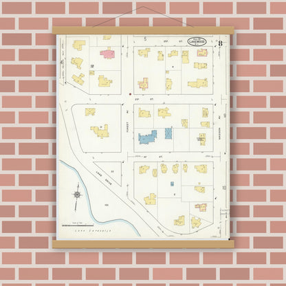Old map wall art mockup — magnetic wood frame on brick wall — Sanborn Fire Insurance Map from Lakewood, Ocean County, New Jersey (1916), Sheet #0008