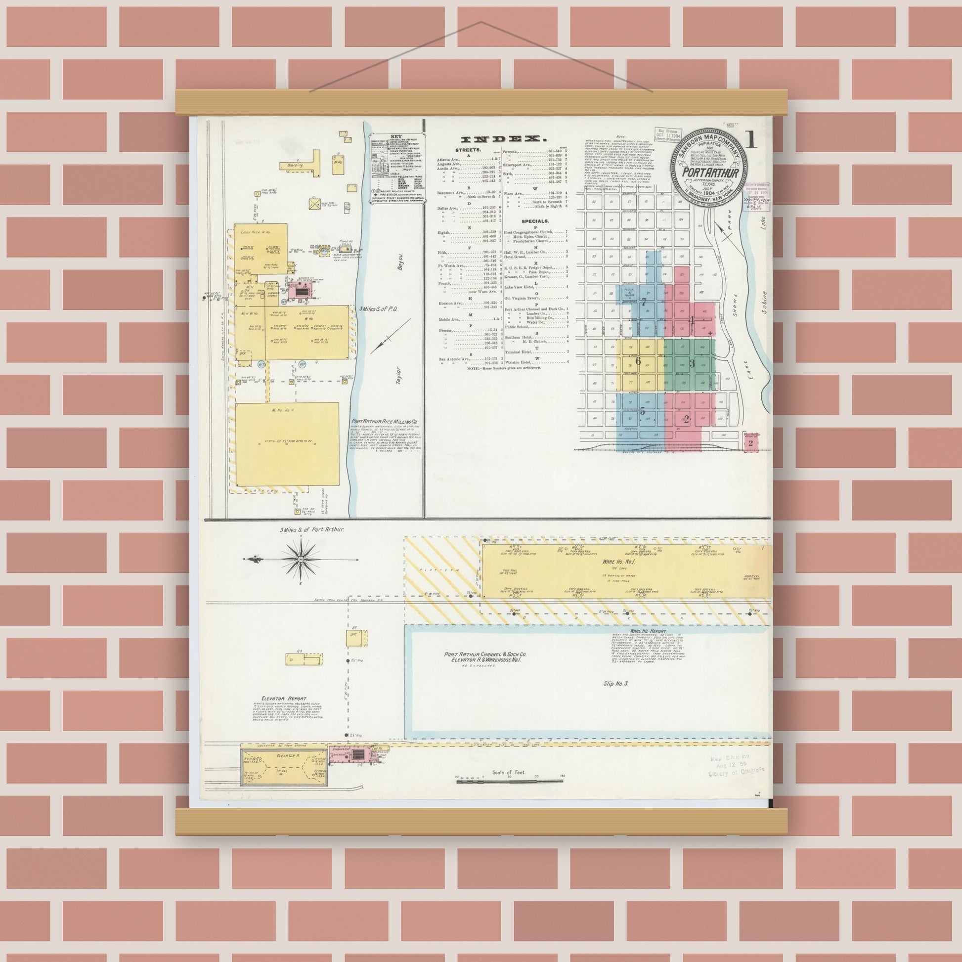 Old map wall art mockup — magnetic wood frame on brick wall — Sanborn Fire Insurance Map from Port Arthur, Jefferson County, Texas (1904) - Complete Map Set