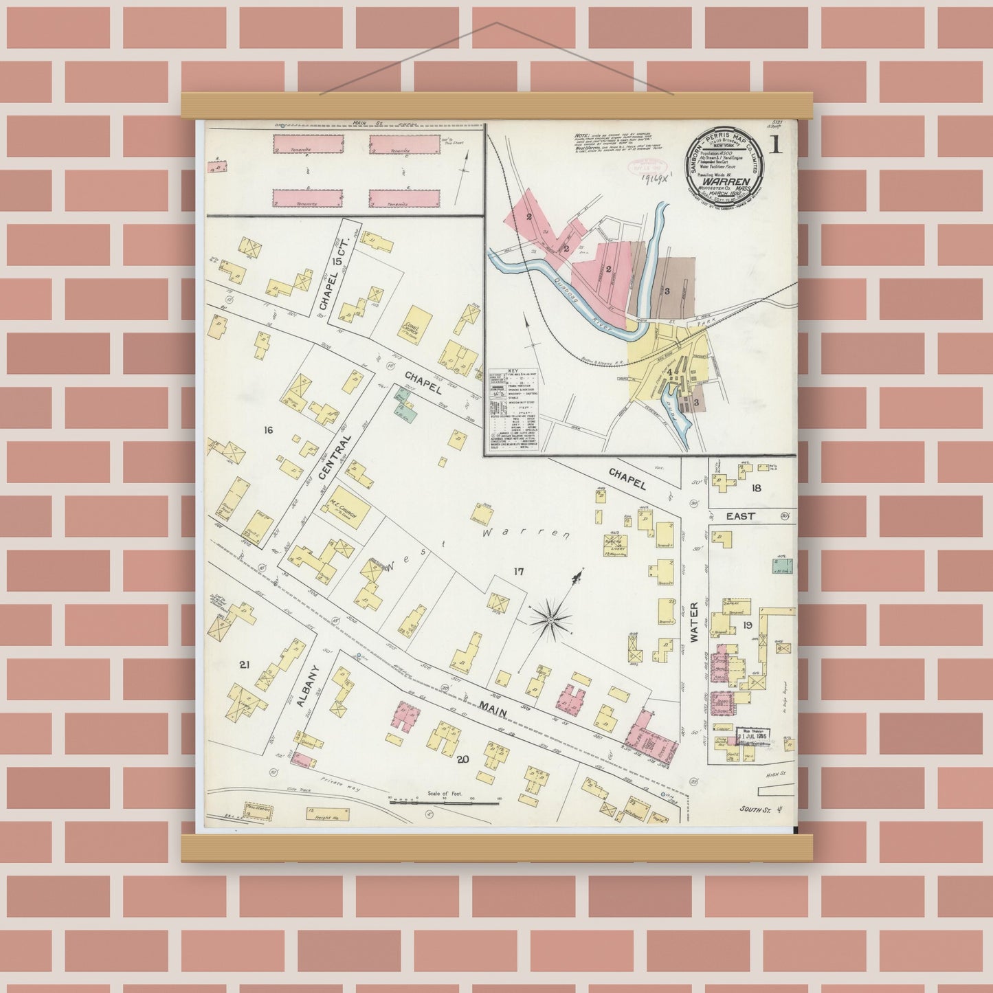 Old map wall art mockup — magnetic wood frame on brick wall — Sanborn Fire Insurance Map from Warren, Worcester County, Massachusetts (1892), Sheet #0001