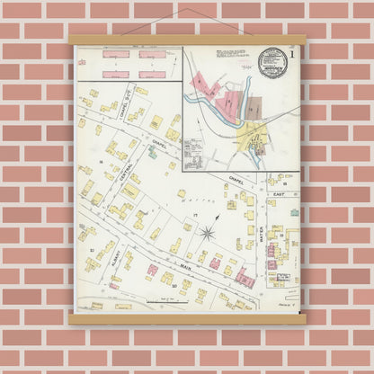 Old map wall art mockup — magnetic wood frame on brick wall — Sanborn Fire Insurance Map from Warren, Worcester County, Massachusetts (1892), Sheet #0001