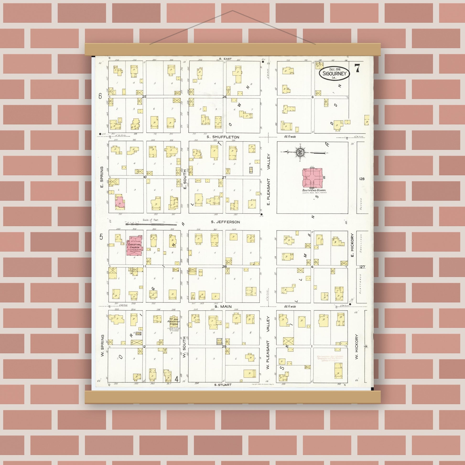 Old map wall art mockup — magnetic wood frame on brick wall — Sanborn Fire Insurance Map from Sigourney, Kiokuk County, Iowa (1916), Sheet #0007