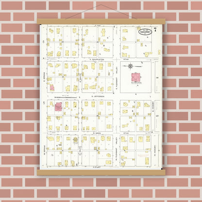 Old map wall art mockup — magnetic wood frame on brick wall — Sanborn Fire Insurance Map from Sigourney, Kiokuk County, Iowa (1916), Sheet #0007