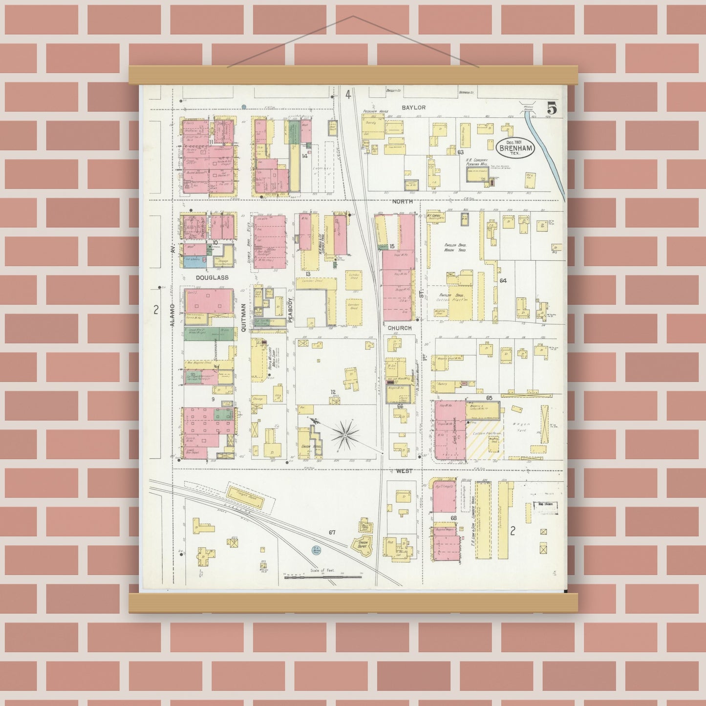 Old map wall art mockup — magnetic wood frame on brick wall — Sanborn Fire Insurance Map from Brenham, Washington County, Texas (1901), Sheet #0005