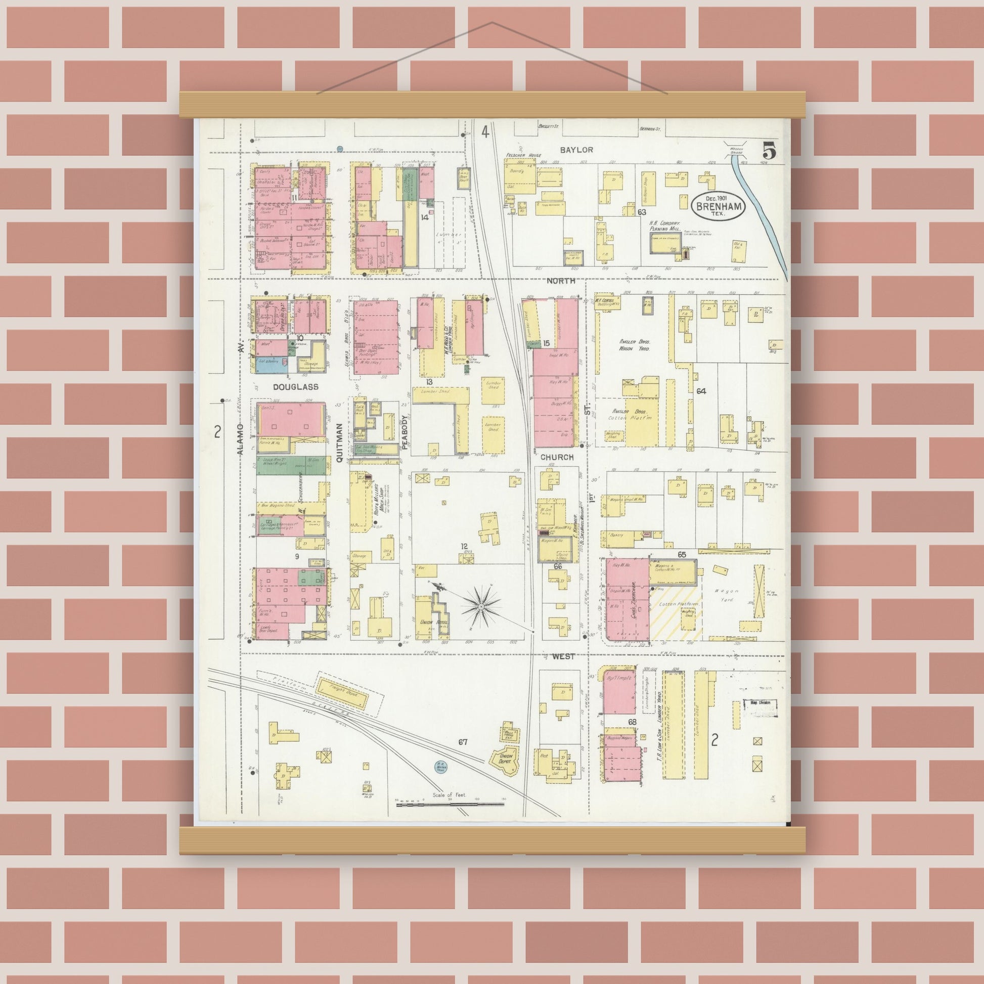 Old map wall art mockup — magnetic wood frame on brick wall — Sanborn Fire Insurance Map from Brenham, Washington County, Texas (1901), Sheet #0005