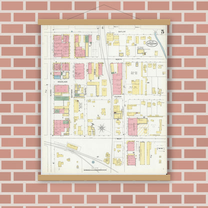 Old map wall art mockup — magnetic wood frame on brick wall — Sanborn Fire Insurance Map from Brenham, Washington County, Texas (1901), Sheet #0005