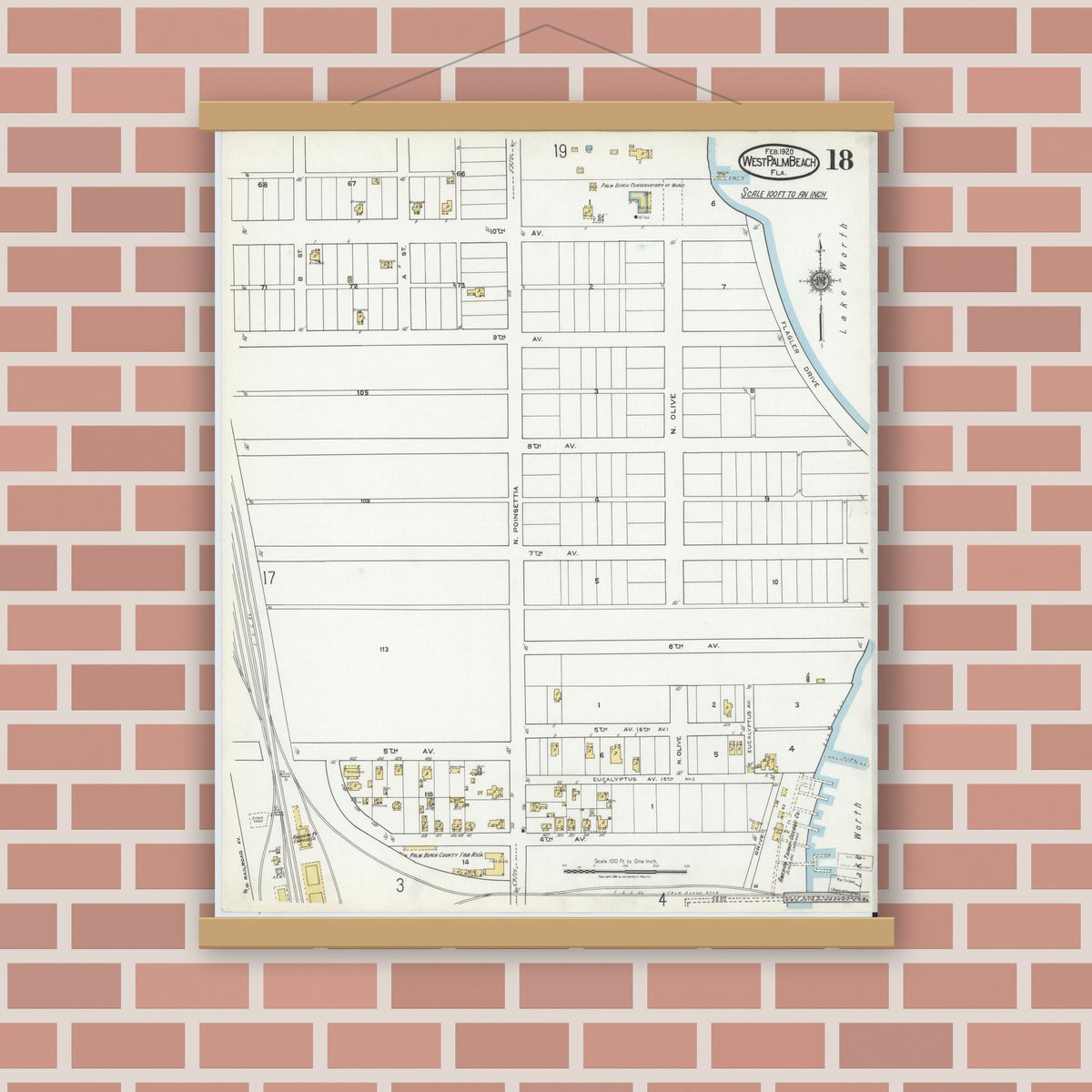 Old map wall art mockup — magnetic wood frame on brick wall — Sanborn Fire Insurance Map from West Palm Beach, Dade County, Florida (1920), Sheet #0018